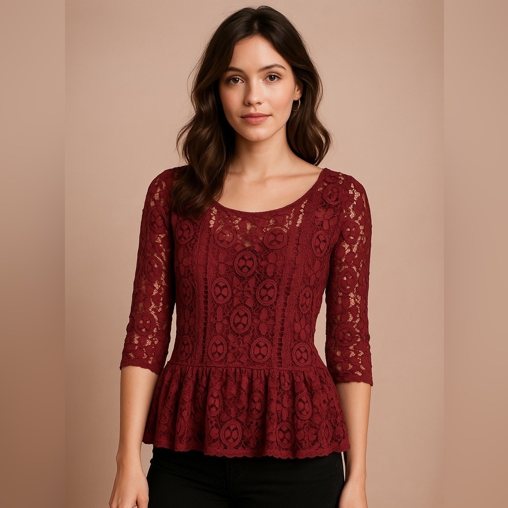 Anthropologie Weston Wear Burgundy Lace Peplum Top – Size S